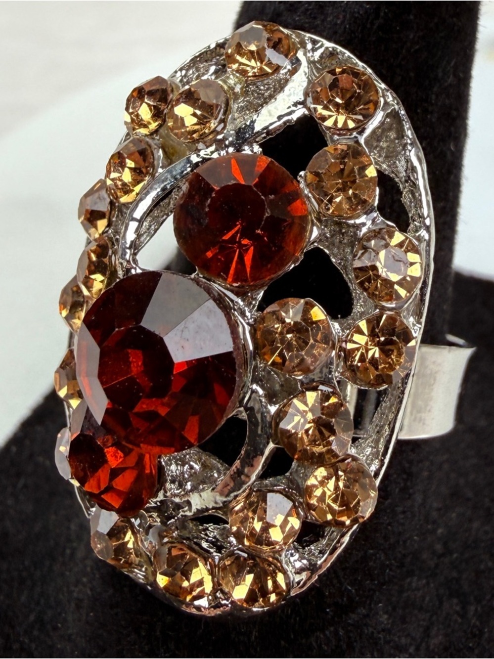 Silvertone bling costume adjustable ring size 8